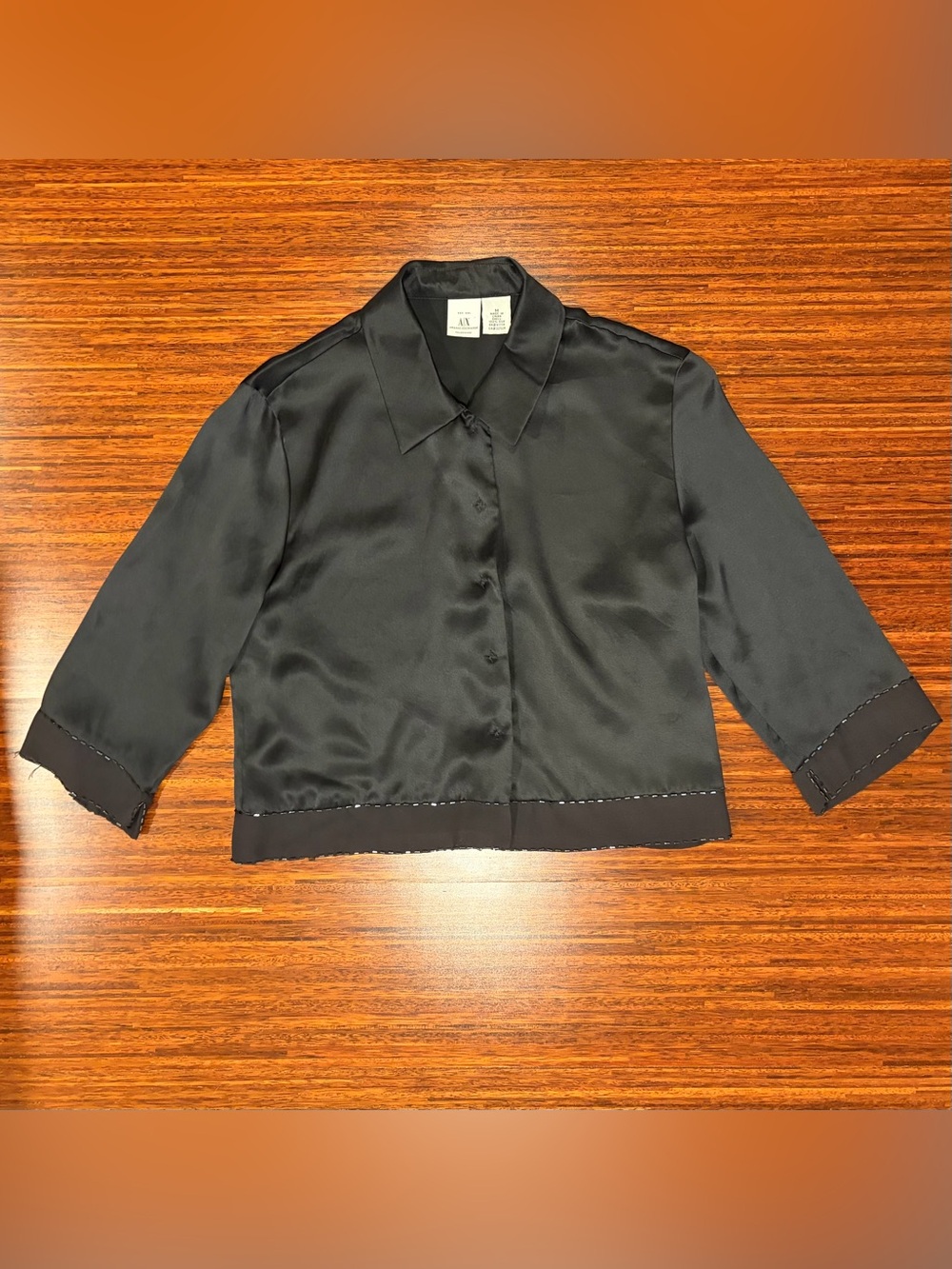 Armani Exchange VTG 90s Black 100% Silk Satin Crop Blouse: Sleek Minimalist Luxe